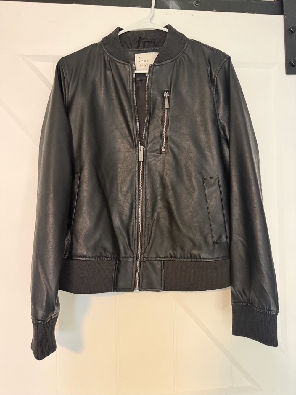 A New Day Black Faux Leather Bomber Jacket - M
